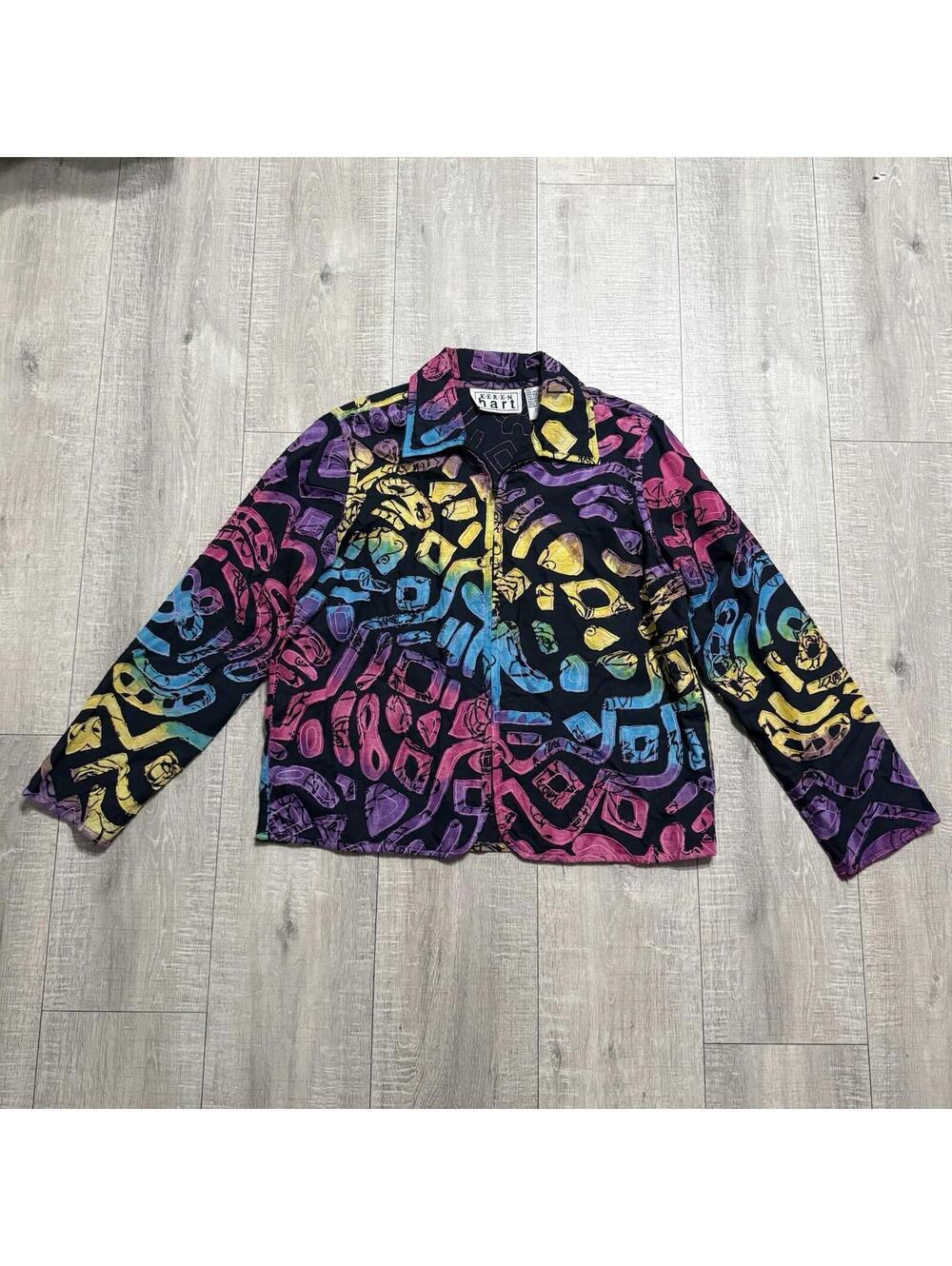 Rare Keren Hart Jacket Black Multicolor Abstract Geometric Zip Embroidered Women - Picture 3 of 8